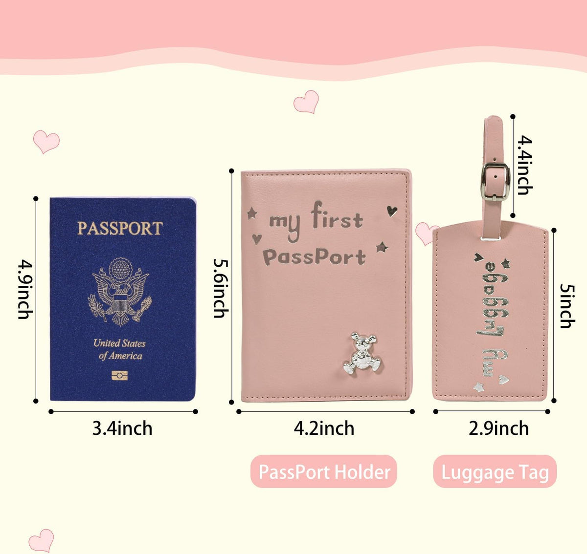 Baby Passport Cover with Travel Luggage Tag, Pink, Girls Boys