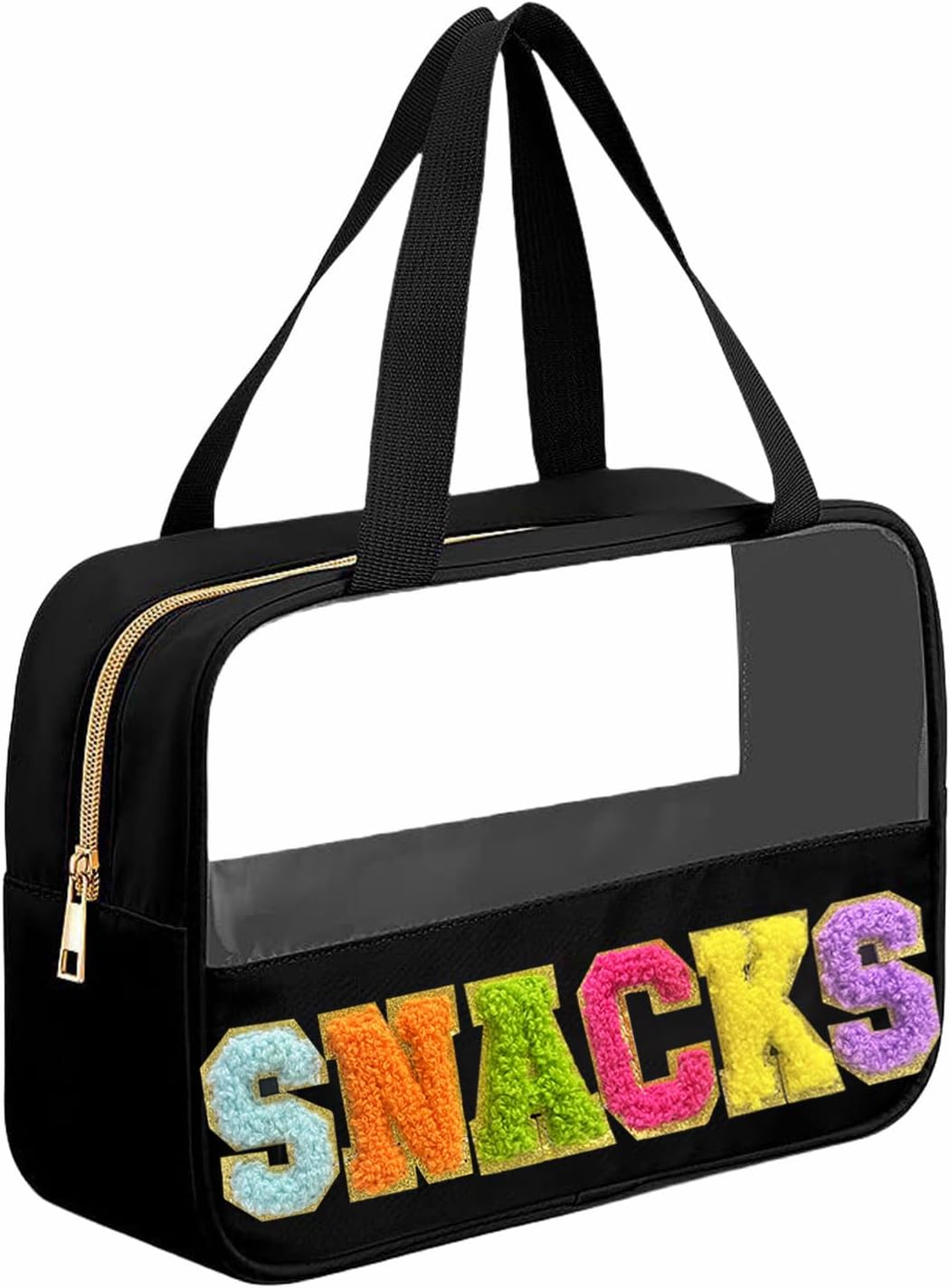 Kovewon Chenille Letter Snacks Bag Clear Snack Bag Pouch with Handle and Zipper Waterproof Nylon Portable Travel Tote Makeup Bag for Women
