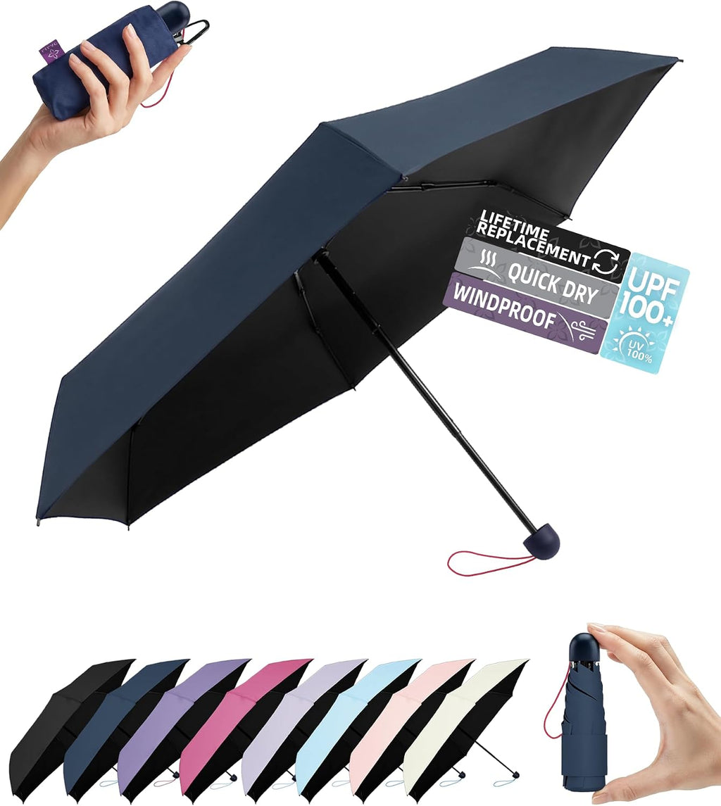 Umbrella Travel Size Mini Compact for Rain, UPF 100+ UV Protection