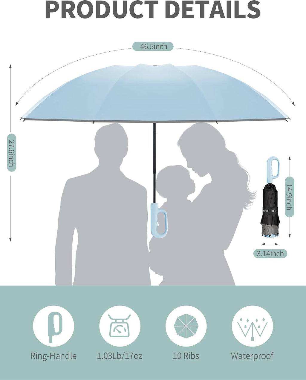 Jorilis Inverted Umbrella with Carabiner Handle, Windproof UV Sun & Rain