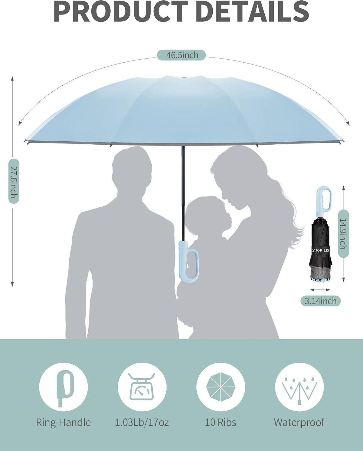 Jorilis Inverted Umbrella with Carabiner Handle, Windproof UV Sun & Rain