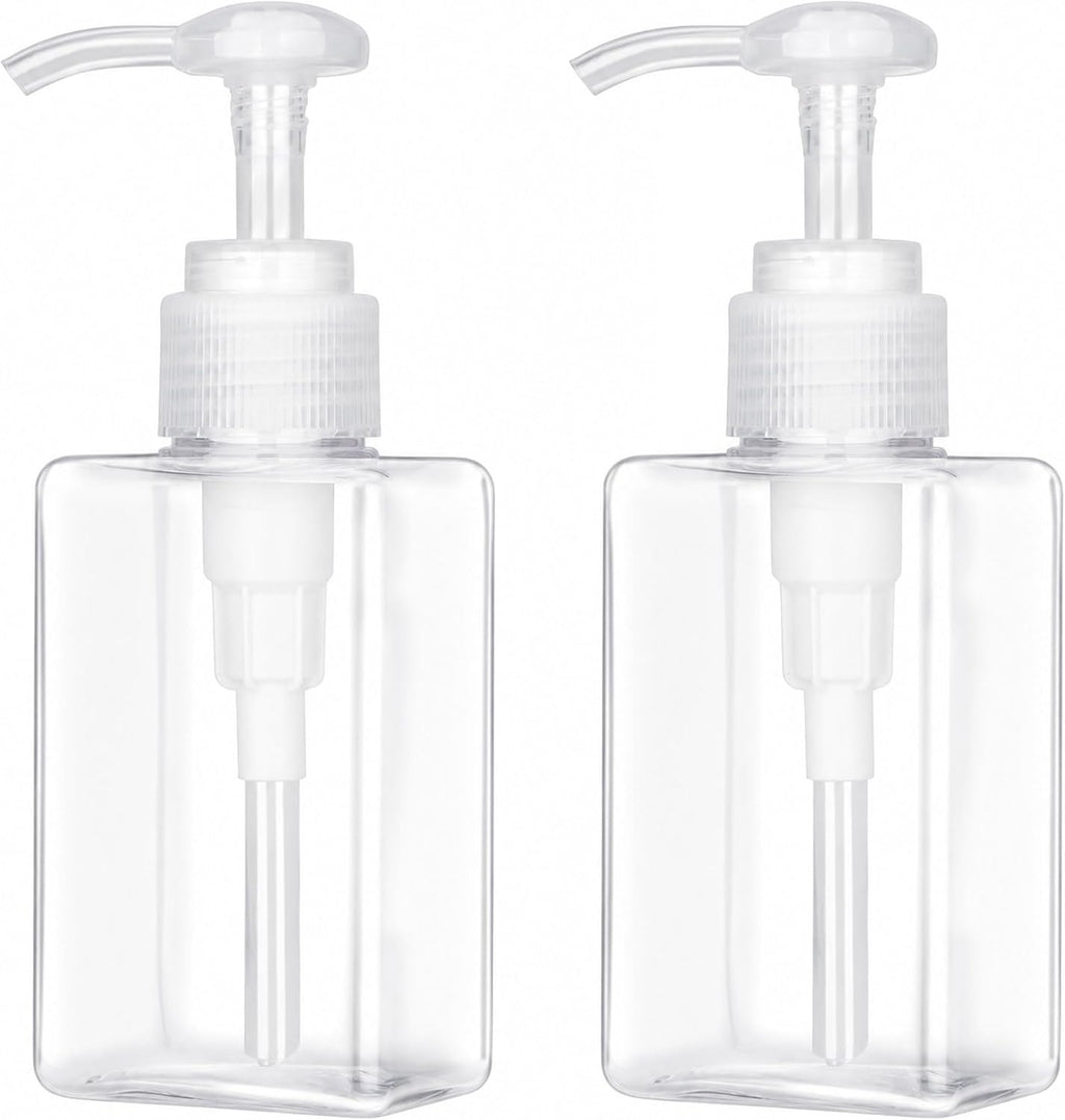 100ml (3.4oz) Pump Bottle Dispenser Jansburg 2 Pack Refillable Flat Square Plastic Lotion Dispenser Leakproof Empty Lotion Pump Bottle for Essential Oil Soap Lotion Shampoo Clear