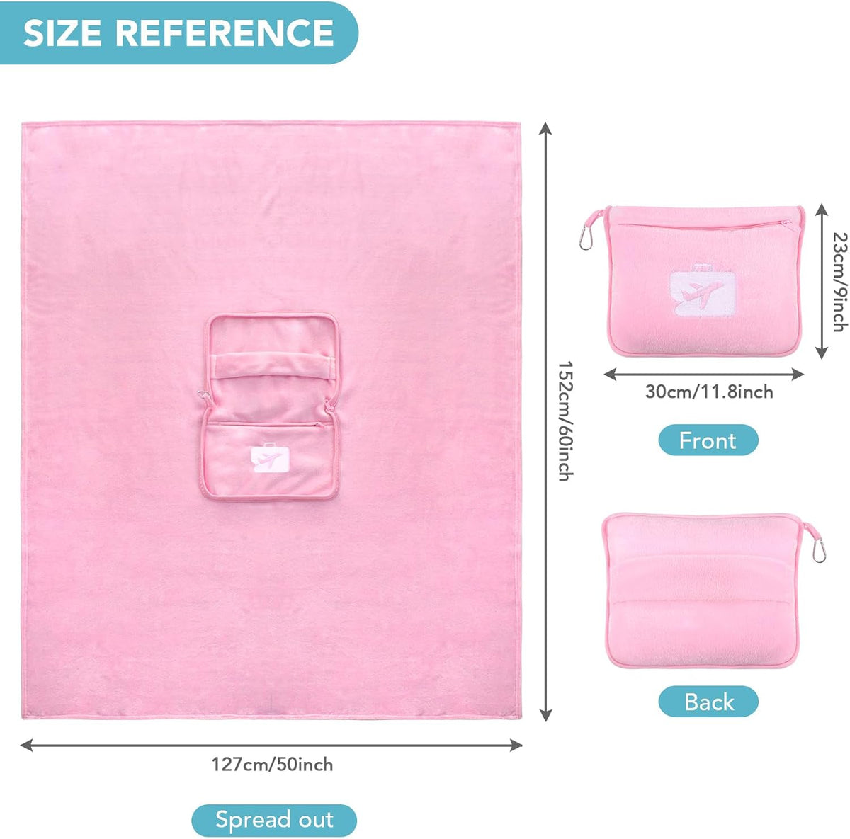 SINLAND Travel Pillow and Blanket 2-in-1 Set Airplane Pink 60x50 Inch