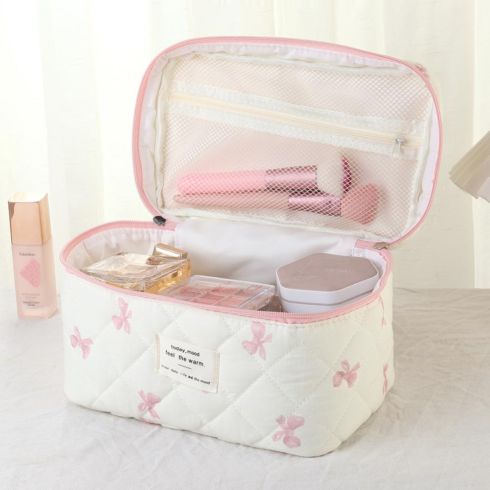 uekeboag Large Travel Quilted Makeup Bag for Women (Little Pink Bow