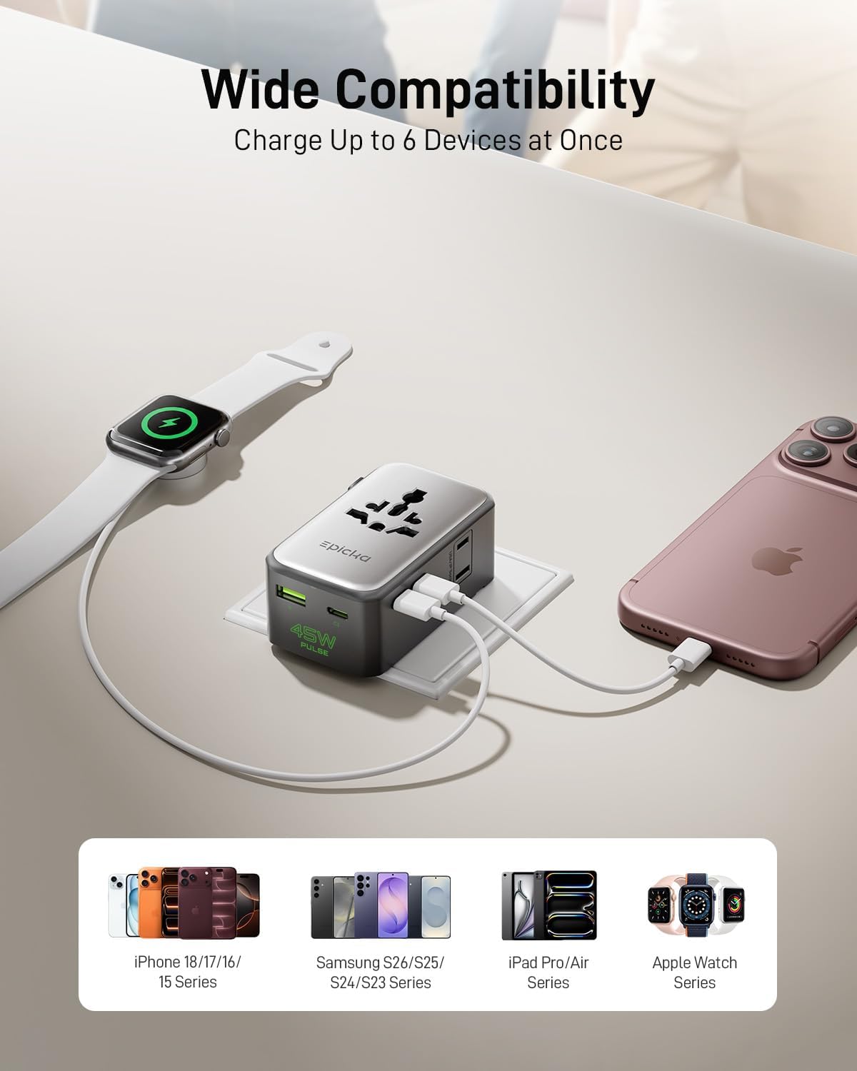 EPICKA Pulse Air 45W Universal Travel Adapter PD with 2AC/3USB-C/1USB-A