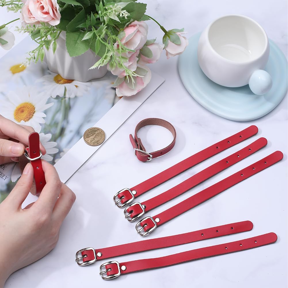 GORGECRAFT 10PCS 8 Inch Cowhide Leather Luggage Labels Strap Red Luggage Tags Adjustable Replacement Belts with Buckle Watch Band Strap for ID Card Pass Holder Travel Storage Hanging Supplies