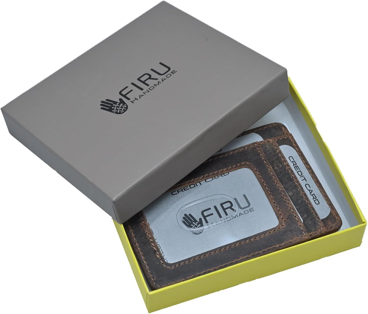 Firu-Handmade Slim Minimalist Leather Wallets for Men | RFID Blocking Front Pocket Wallet with 6 Card Slots Money Section and ID Window
