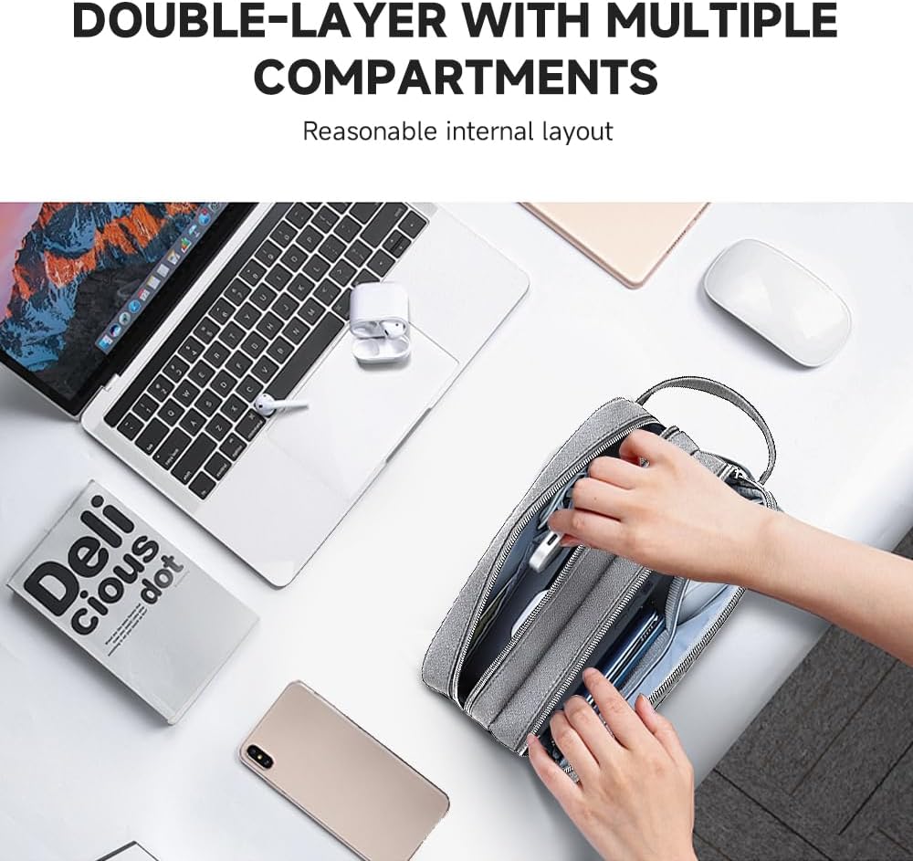 Teskyer Double Layer Cable Organizer Bag, Travel Tech Pouch, Light Grey