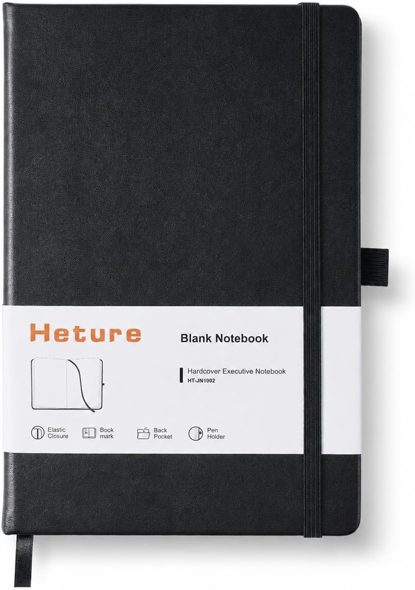 Heture Hardcover Notebooks, A5 Blank Notebook for Writing 160 Pages, 8.2 x 5.5 inch, Classic Blank Notebooks for College/Work/Travel (Blanked-1 Pack, Black)