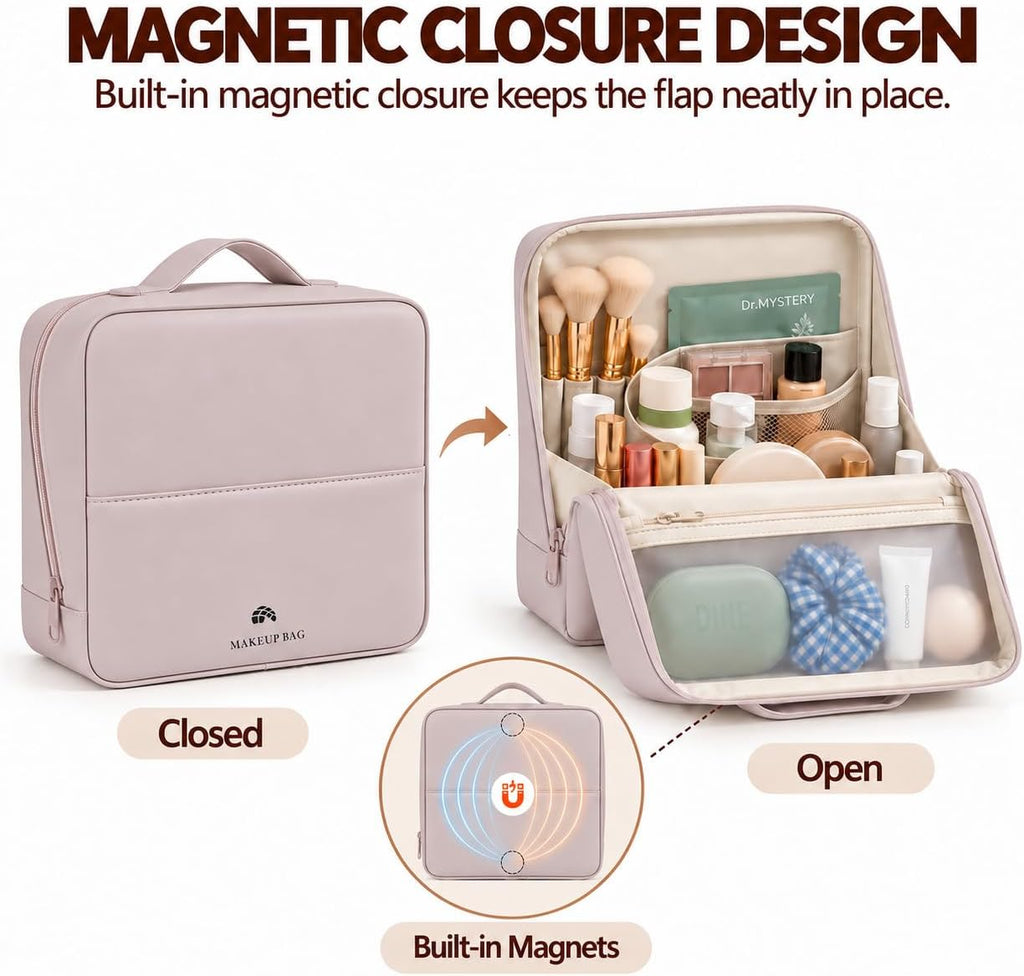 Travel Makeup Bag with Magnetic Fold-Down Flap, Large, Dusty Pink