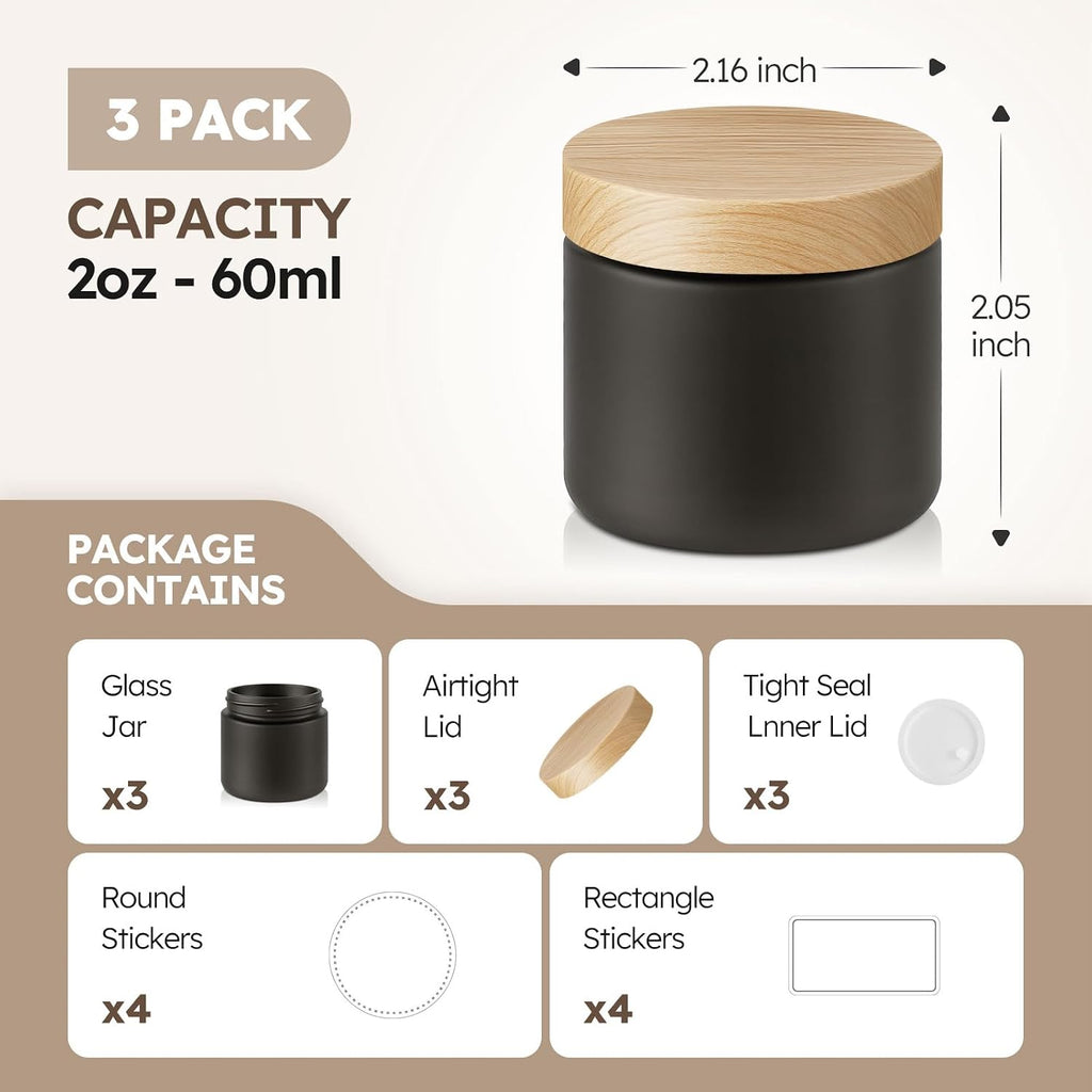 3 Pack 2 OZ Matt Black Small Glass Jars with Plastic Woodgrain Lids