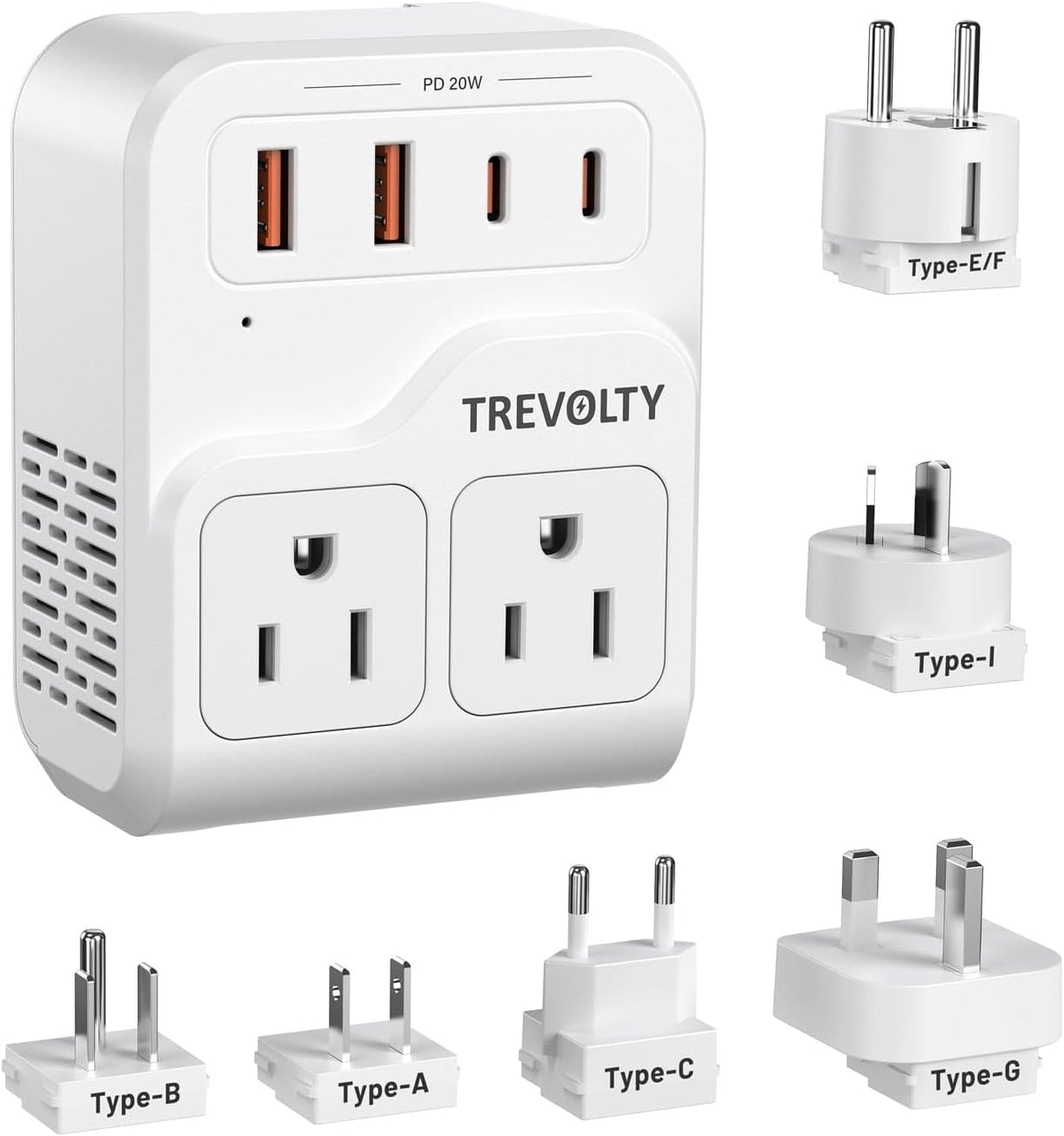 2000W European Travel Plug Adapter with 3 AC & 4 USB Ports, Universal Travel Adapter with Type A B C E/F G I (White)