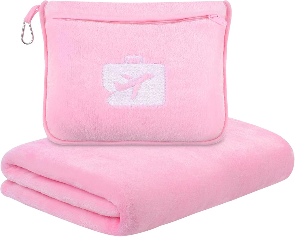 SINLAND Travel Pillow and Blanket 2-in-1 Set Airplane Pink 60x50 Inch