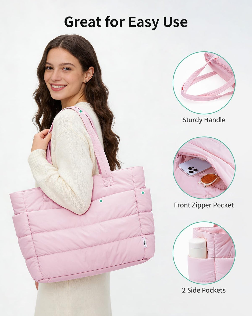 Narwey Nylon Puffer Tote Bag for Women, Quilted Work Nurse Teacher Tote Bag