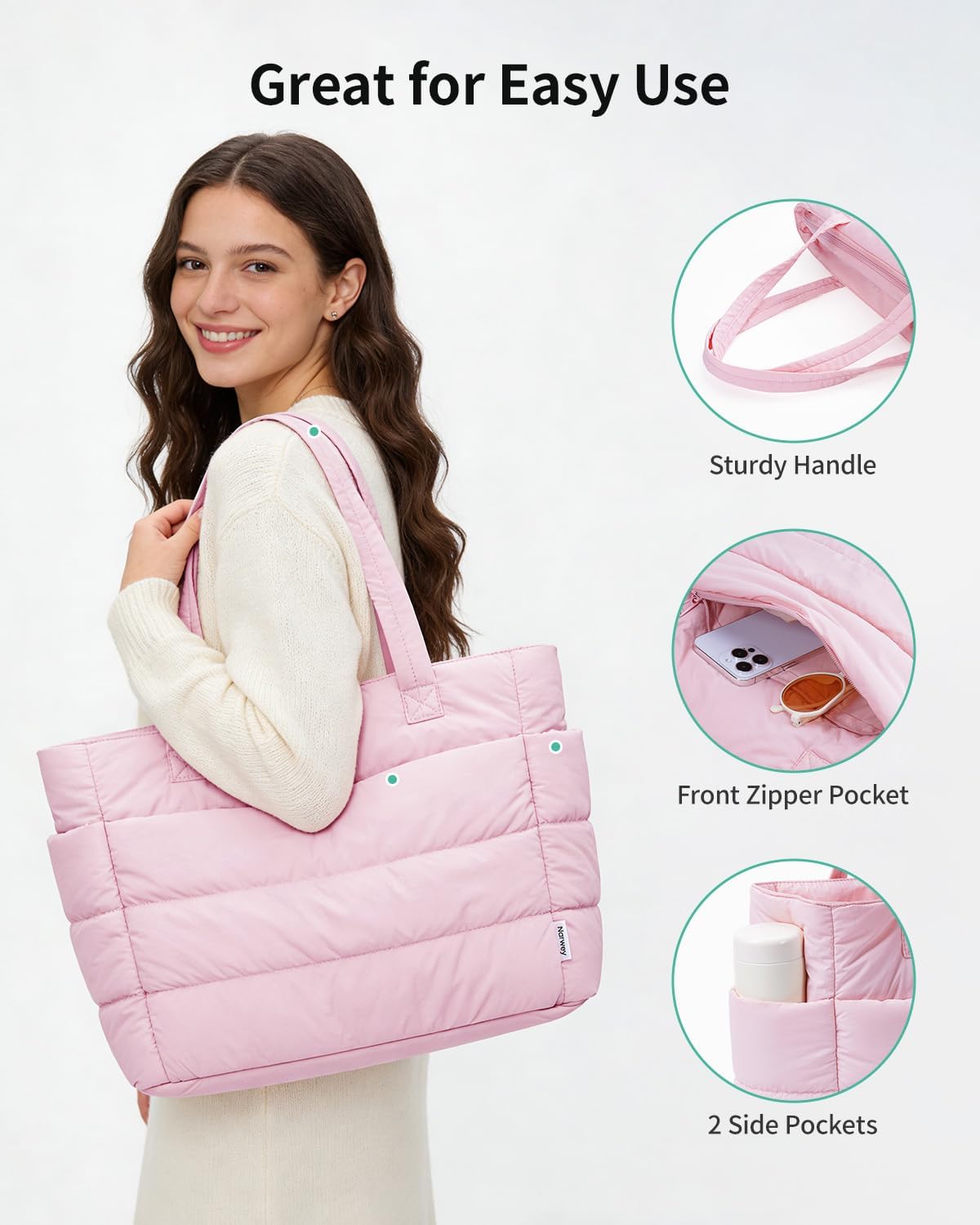 Narwey Nylon Puffer Tote Bag for Women, Quilted Work Nurse Teacher Tote Bag