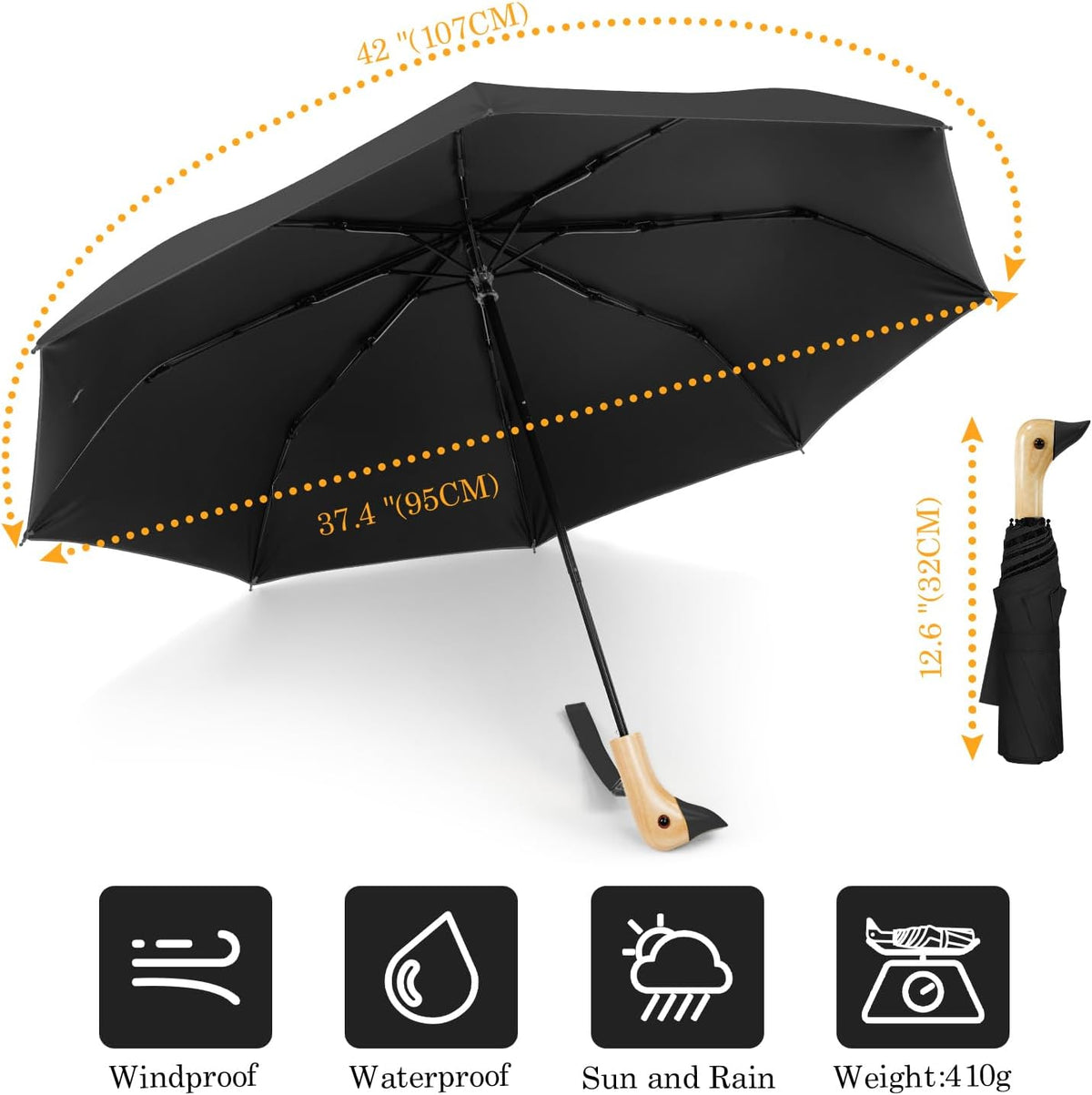 Cute Duck Handle Umbrella Compact Folding Travel Rain for Kids Women Adults