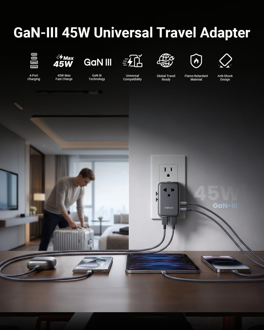 MINIX 45W Universal Travel Adapter, 5-Port Charger for Europe, US, UK & AU