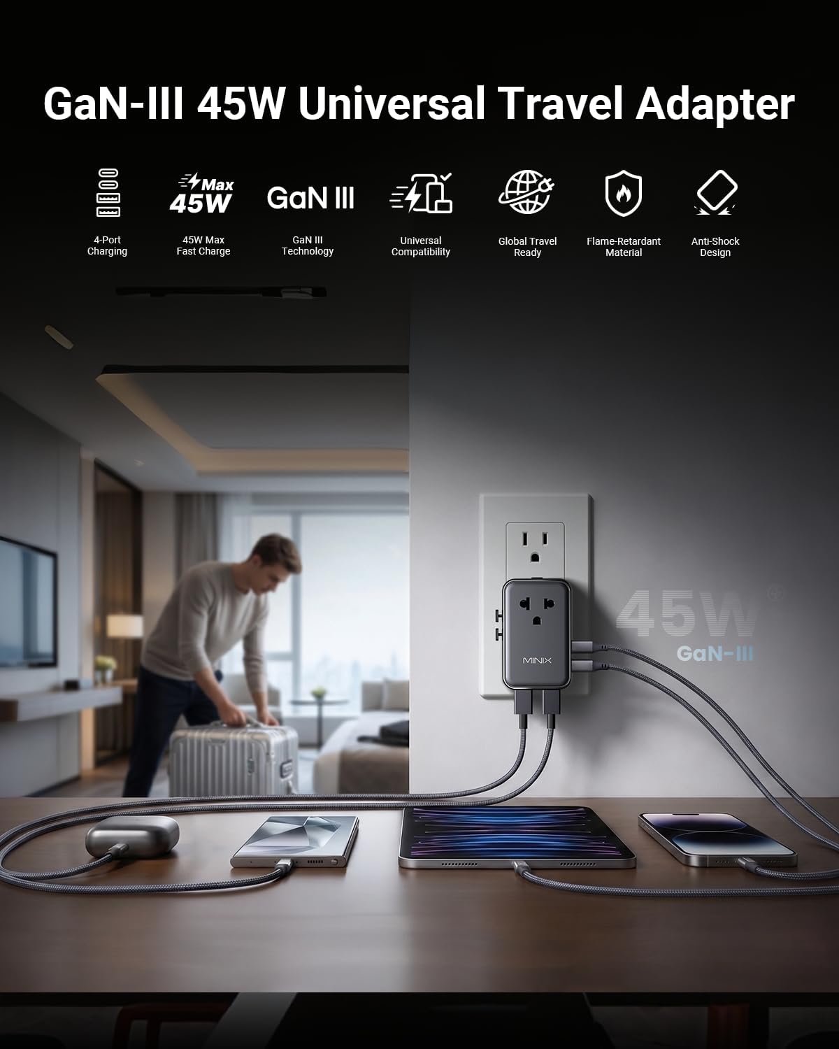 MINIX 45W Universal Travel Adapter, 5-Port Charger for Europe, US, UK & AU