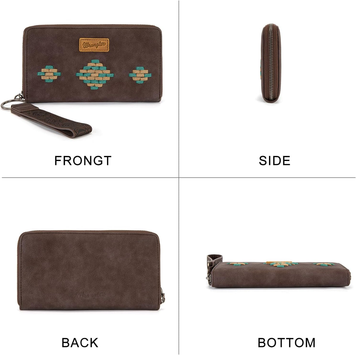Wrangler Wristlet Wallet, Women Clutch Purses RFID Blocking with Aztec Boho Western Wrist Strap, Wristlet Purse with Zipper Pocket Card Holder for Women Girls Casual Travel Daily, WG310-W006CF