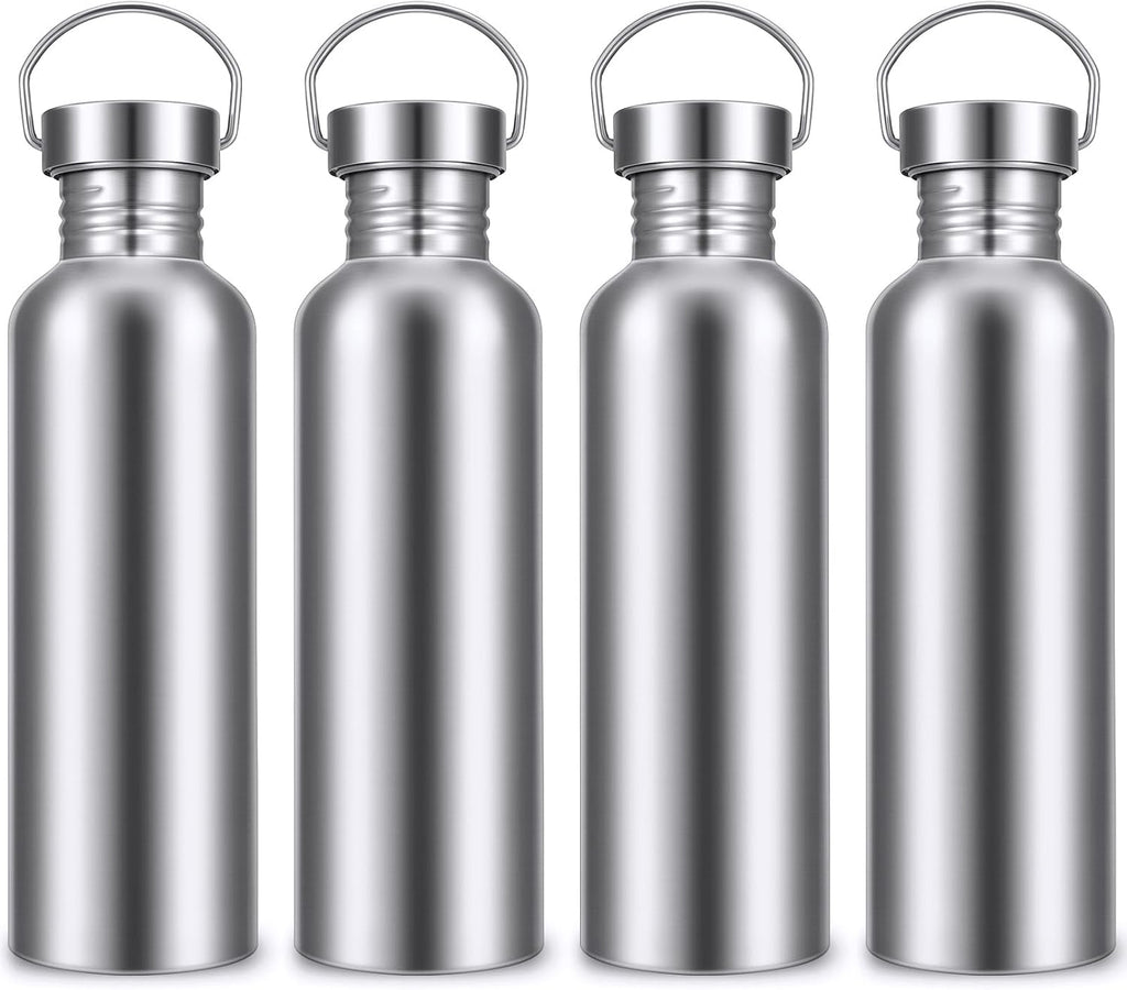 CHENGU 4 Pack Single Wall Stainless Steel Water Bottles 304 18/8 Metal Water Bottle Camping Bottles for Sports, Cyclists, Runners (Silver,26 oz)