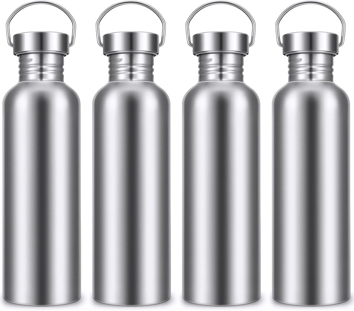 CHENGU 4 Pack Single Wall Stainless Steel Water Bottles 304 18/8 Metal Water Bottle Camping Bottles for Sports, Cyclists, Runners (Silver,26 oz)