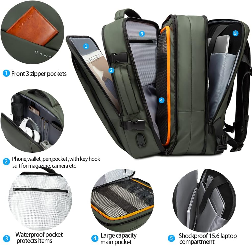 BANGE Carry-on Backpack, 45L Expandable Travel Backpacks,Weekend Backpack Briefcase,Waterproof Laptop Backpack Fits For 17.3” Laptop