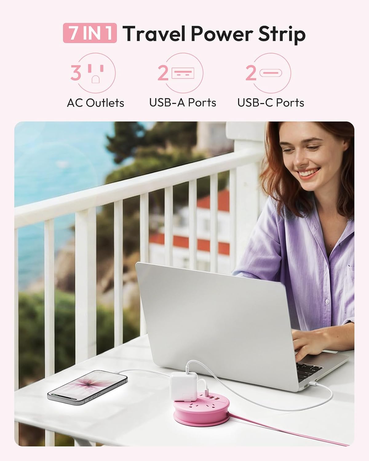 NTONPOWER Pink Travel Power Strip, Travel Essentials, Cruise Essentials 3 Outlets 4 USB Ports(2 USB C), 4FT Wrapped Around Extension Cord for Travel Cruise Ship Beach Vacation Essentials