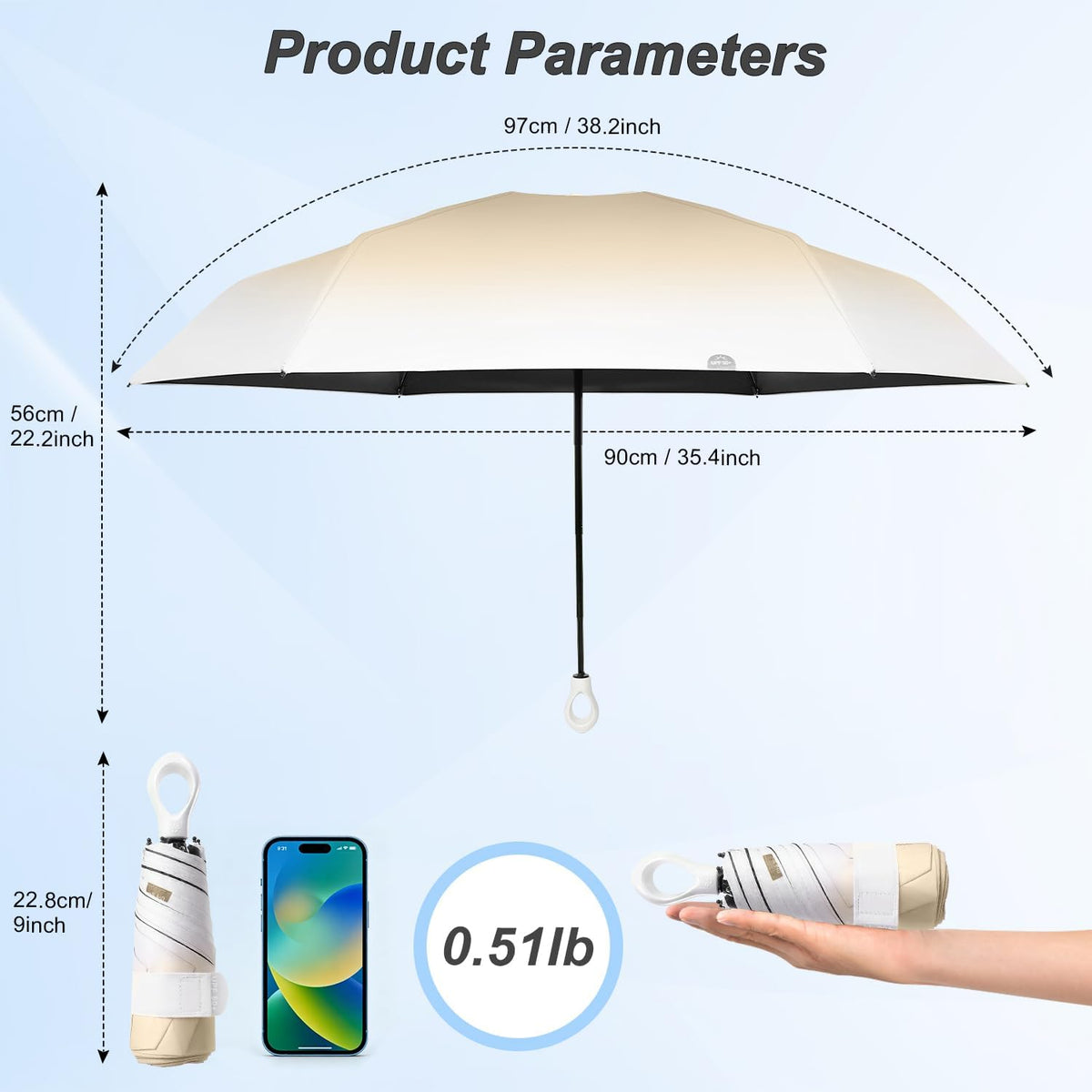 Gradient UV Umbrella UPF 50+, Mini Sun Parasol Foldable Compact Travel Size