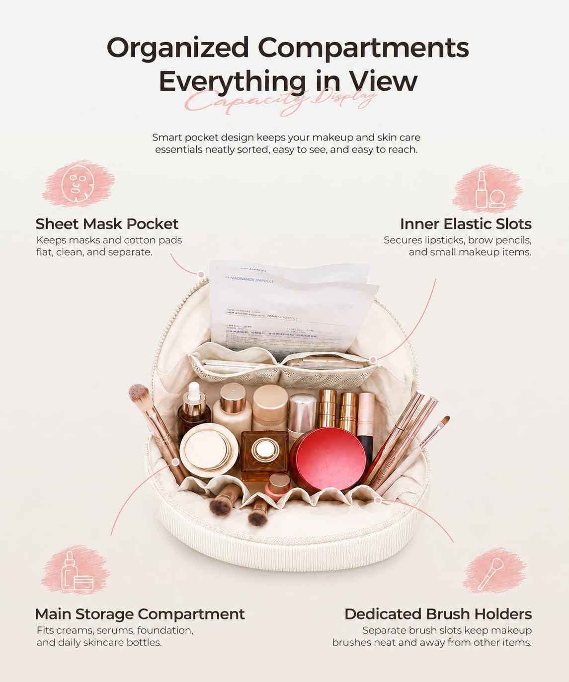 Travel Makeup Bag for Women, Magnetic Fold-Down Design, Off-white