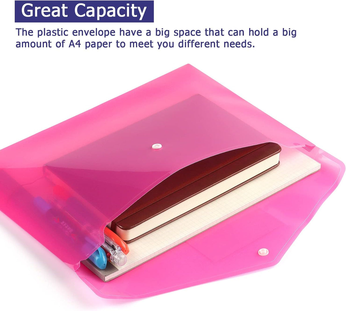 6 Pack Clear Document Folders Plastic Envelopes, A4 Size, Pink