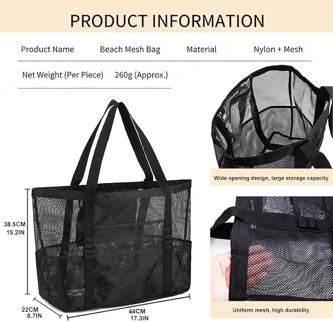 SUPACOOL Large Mesh Beach Bag for Men and Women, Beach Tote Bag for Family,Pool bag, with a Waterproof Zipper Pocket
