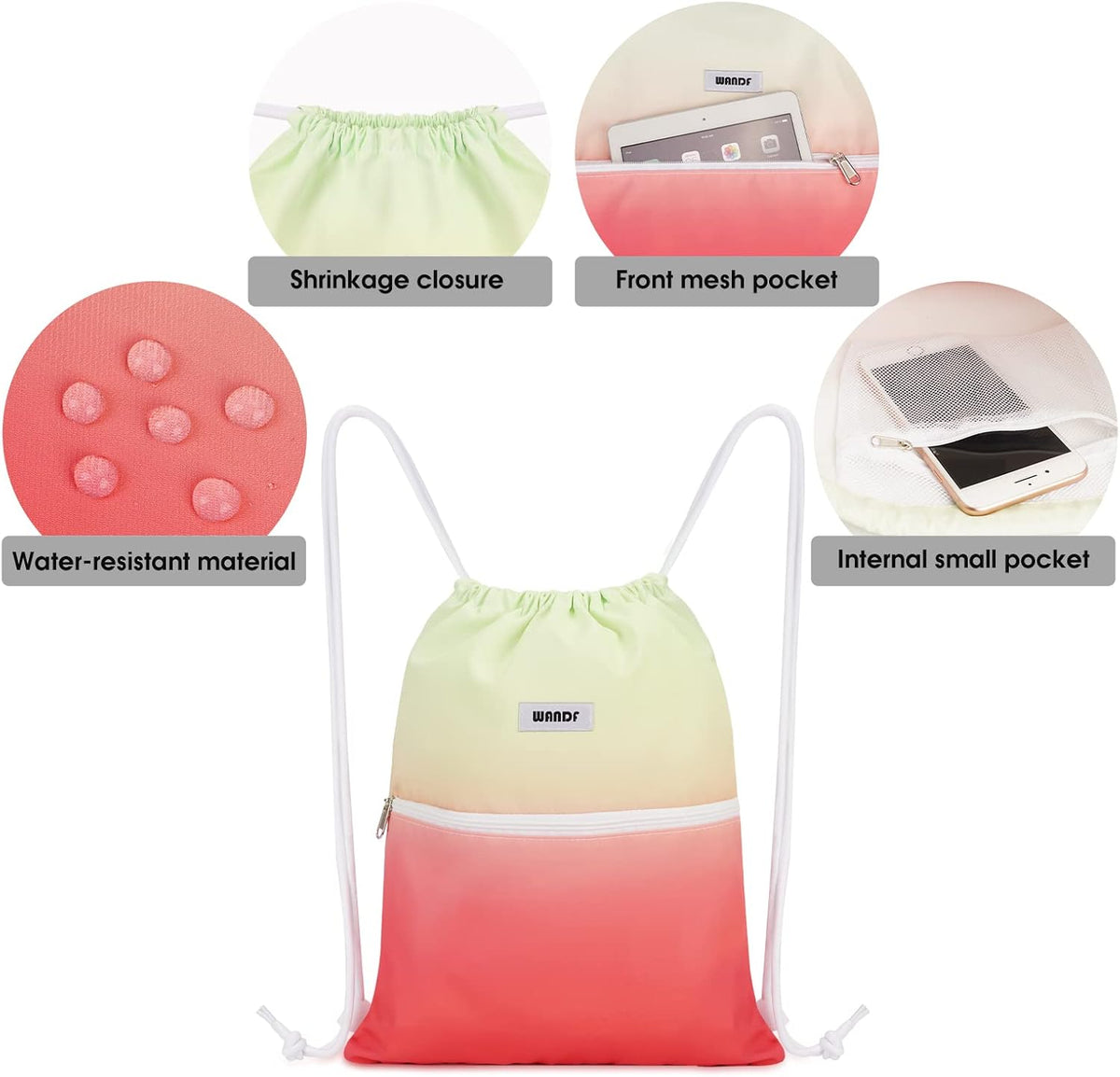 WANDF Drawstring Backpack, Gym Sackpack for Sports (Red-Green Gradient)