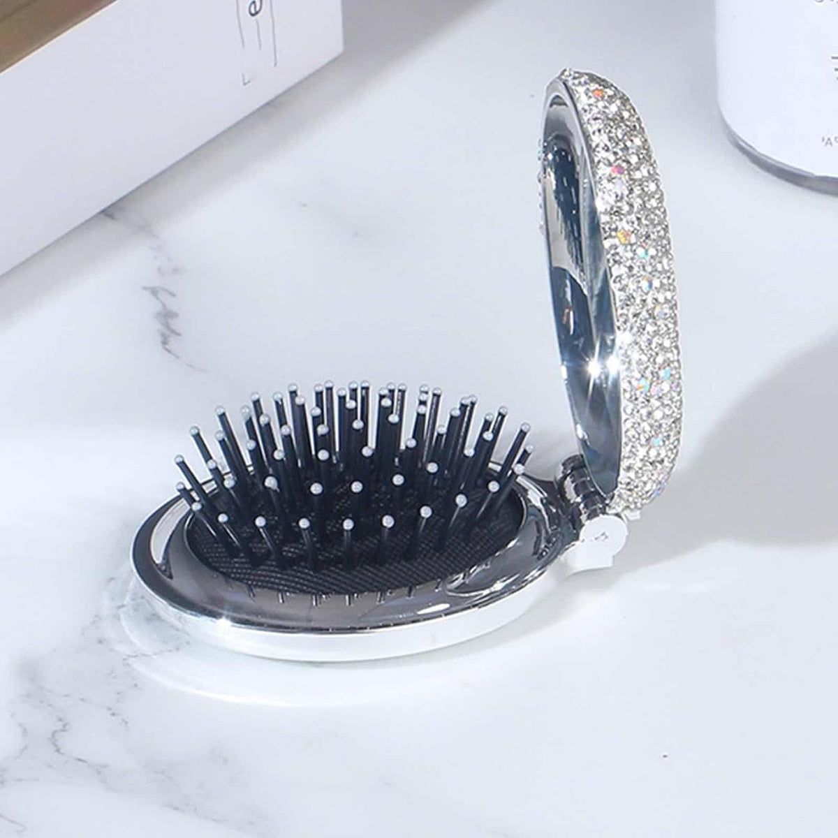 1 Pack Rhinestone Pocket Hair Brush with Mirror Bling Travel Folding Combs Sparkle Portable Collapsible Compact Comb for Women Wedding Party Silver White (No Chain-WIth-Round)