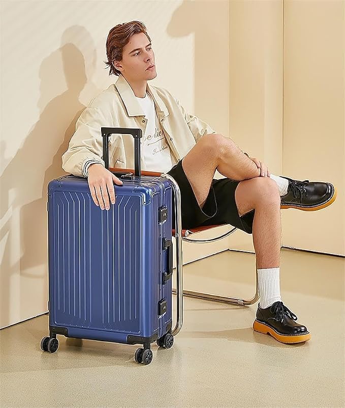 Premium Aluminum Carry On Luggage 20”, Metal Shell Zipperless Suitcase with Spinner & Removable Wheels, Airline-Approved Size 22"x14"x8.3", 9 lbs, Includes 2 Spare Wheels & TSA Lock (Blue)