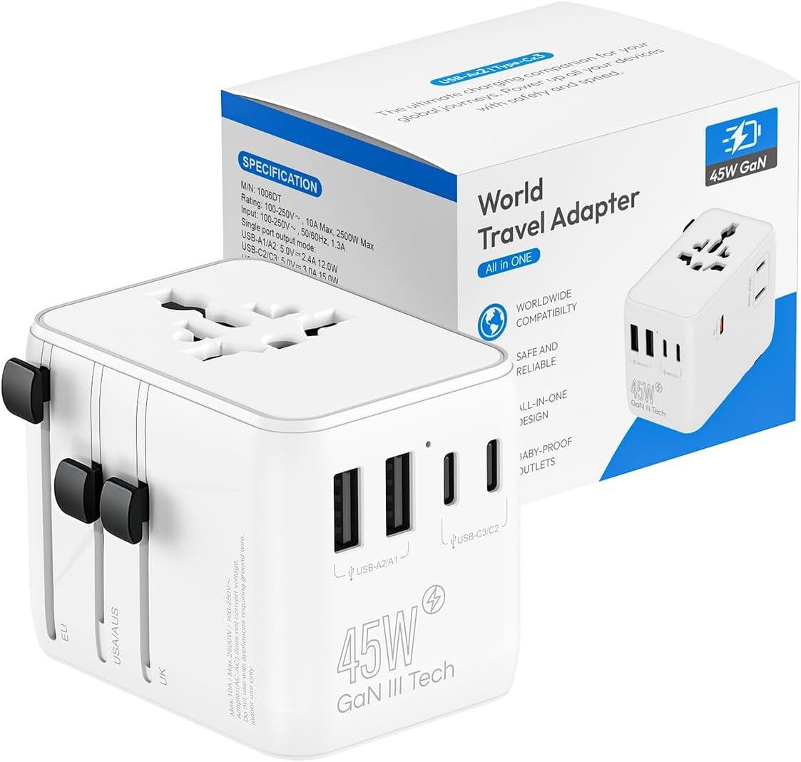 Universal Travel Adapter, 45W European Travel Plug with PD 3.0 Fast Charger