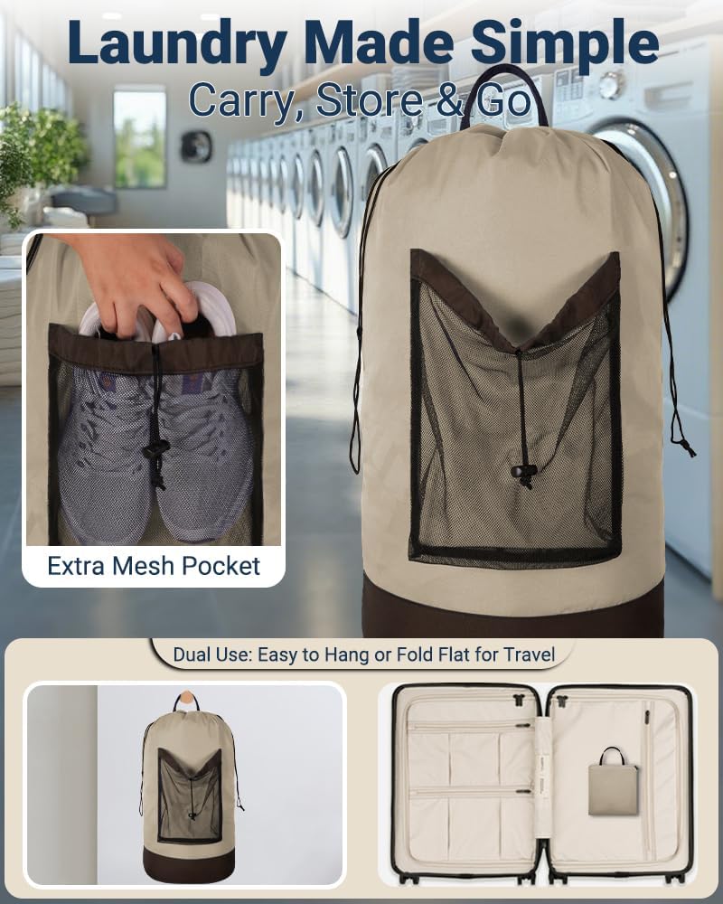 Laundry Bag with Shoulder Straps and Mesh Pocket Laundry Backpack Large Portable Laundry Hamper for College Laundromat Apartment