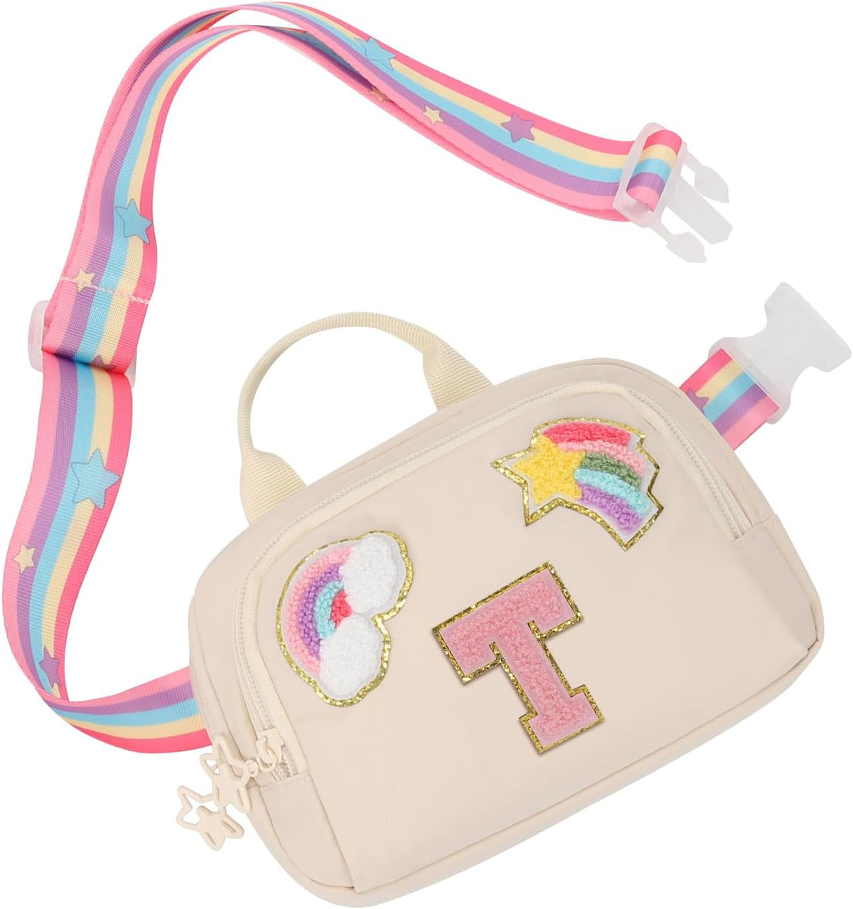 Fanny Pack for Girls, Cute Purse for Girls Teens Crossbody Bag for Kids Belt Bag With 2 Compartments Trendy Stuff Graduation Birthday Gifts for 4 5 6 7 8 9 10 11 12 13 Years Old Beige Initial T