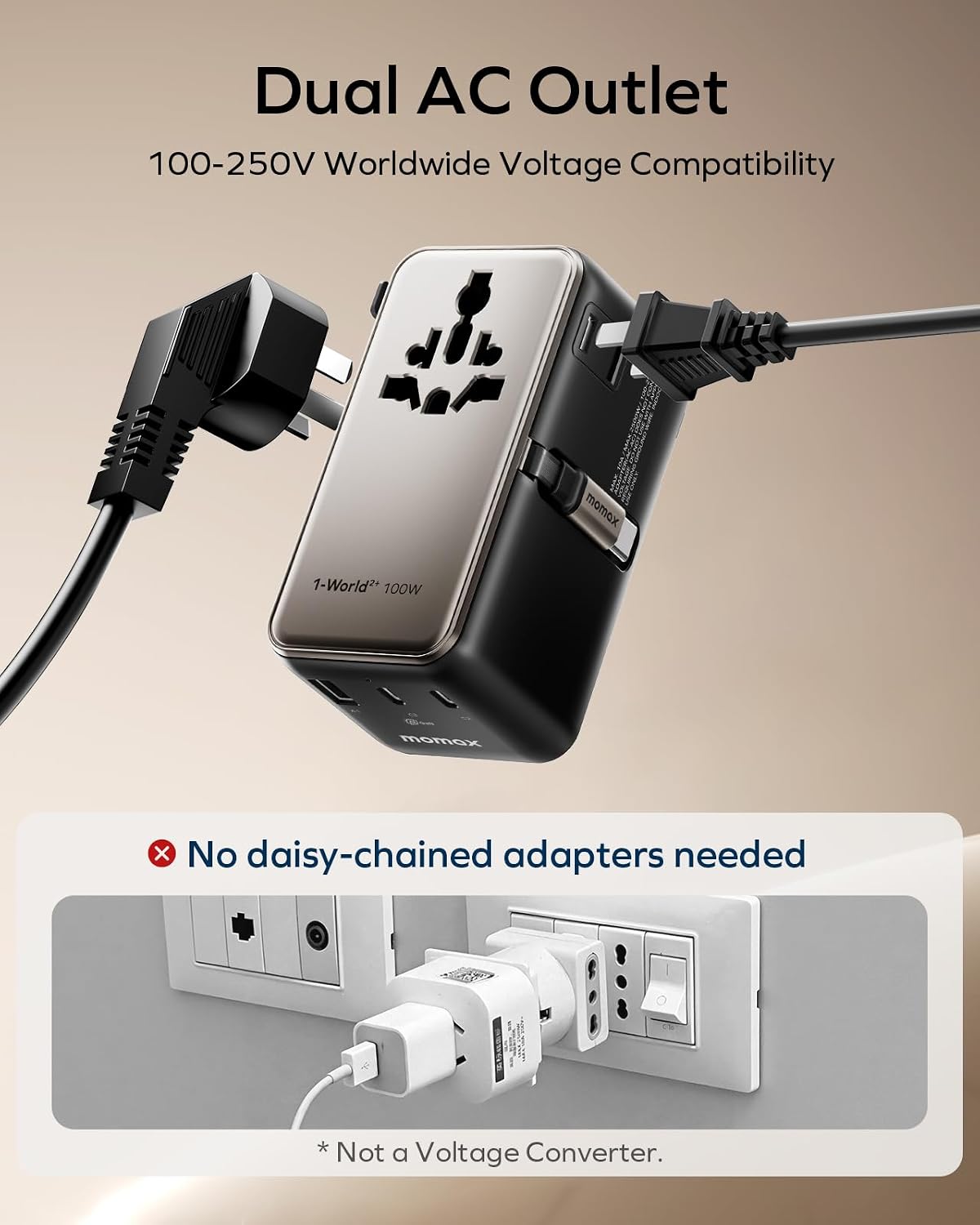 MOMAX 100W Universal Travel Adapter All-in-1 Plug Adapter with USB-C Cable