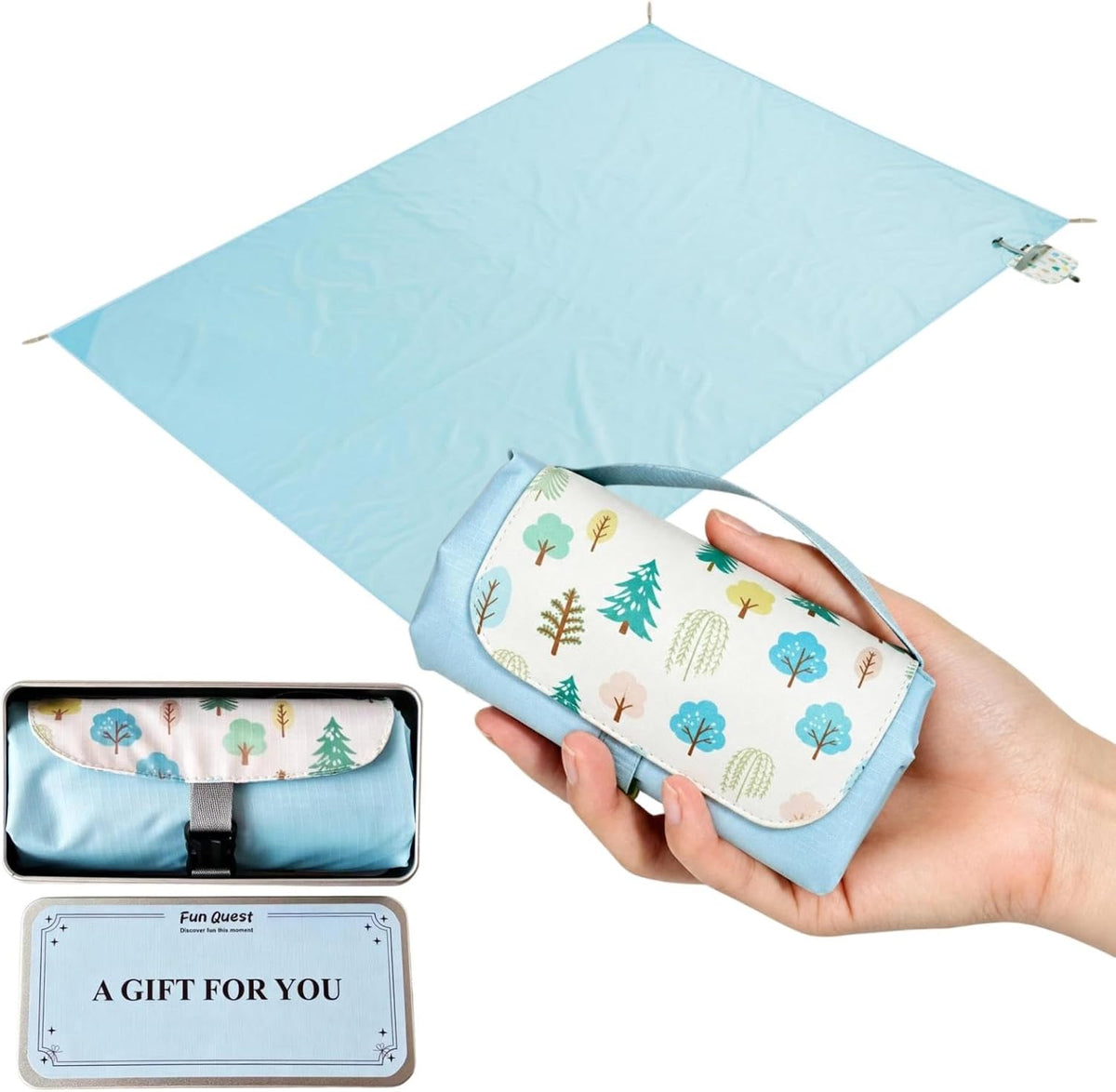 Picnic Blanket Gift Set, Waterproof Small Packable with 4 Stakes