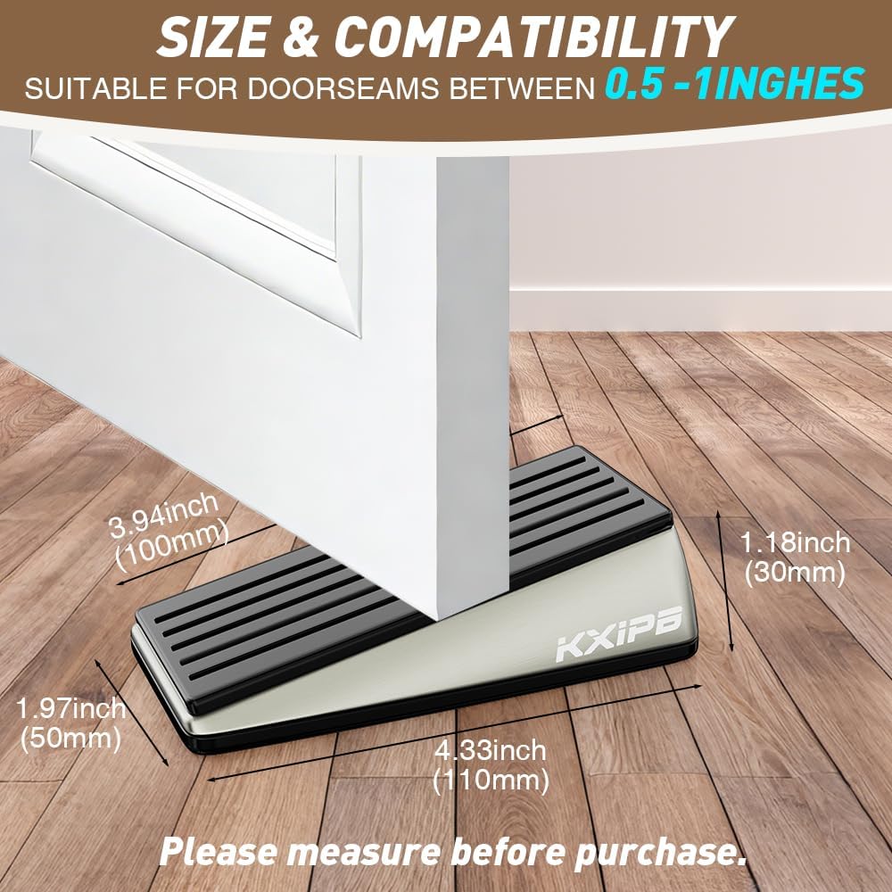 1 Pack Widened Door Stopper Wedge - Heavy Duty Door Stoppers Stop Wedge Made of Premium Quality Brushed Stainless Steel, Wall Protector for Home & School with Self Adhesive Holder Satin Nickel