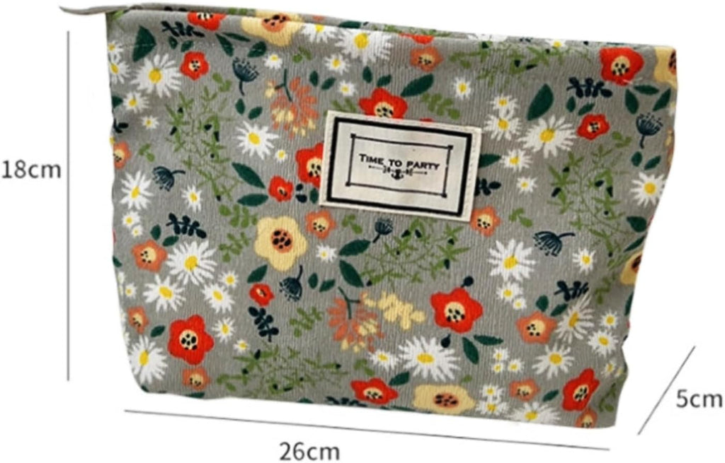 Flower Fabric Makeup Bag for Purse, Vintage Corduroy Cosmetic Pouch Bag, Portable Travel Handbag for Women Girls (Bean green flowers)