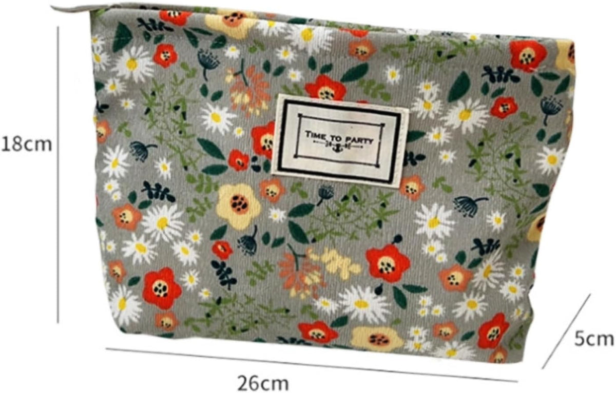 Flower Fabric Makeup Bag for Purse, Vintage Corduroy Cosmetic Pouch Bag, Portable Travel Handbag for Women Girls (Bean green flowers)