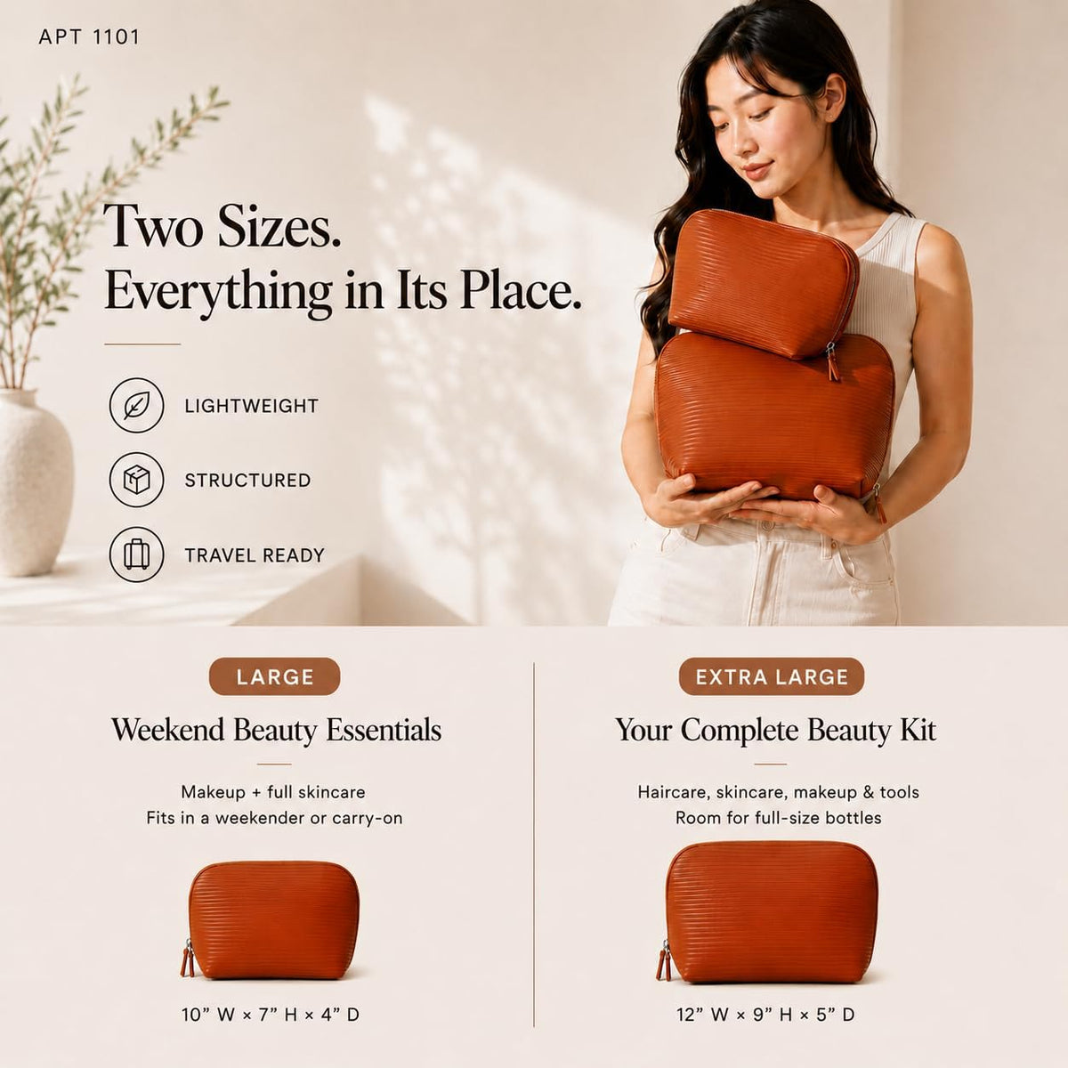 APT 1101 Standing Foldable Makeup Bag for Travel, Vertical Folding Down Design, Organized Cosmetic & Skincare Bag