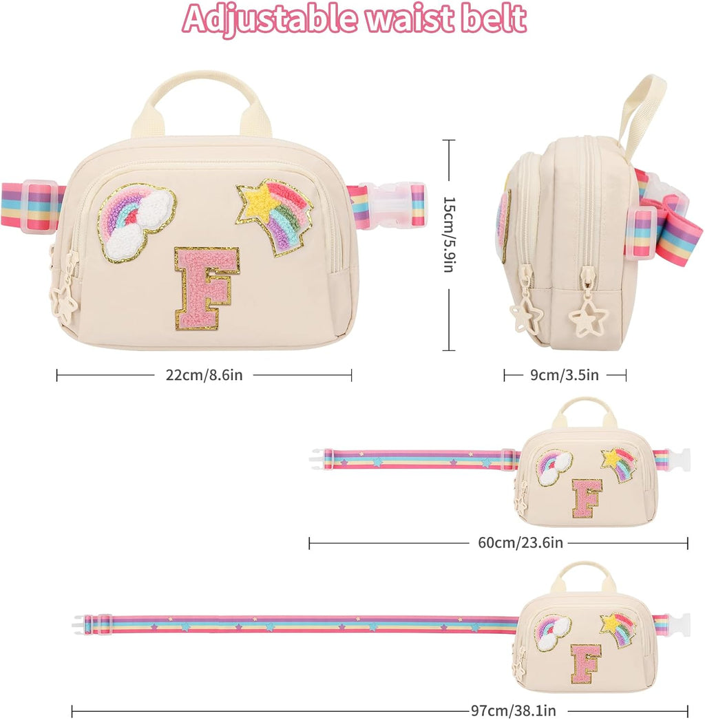 Fanny Pack for Girls, Cute Purse for Girls Teens Crossbody Bag for Kids Belt Bag With 2 Compartments Trendy Stuff Graduation Birthday Gifts for 4 5 6 7 8 9 10 11 12 13 Years Old Beige Initial F