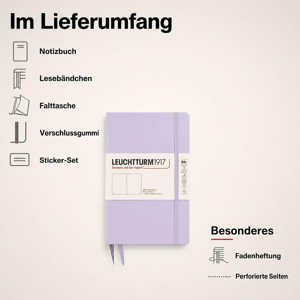 LEUCHTTURM1917 - Notebook Hardcover Paperback B6+ - 219 Numbered Pages for Writing and Journaling (Lilac, Plain)
