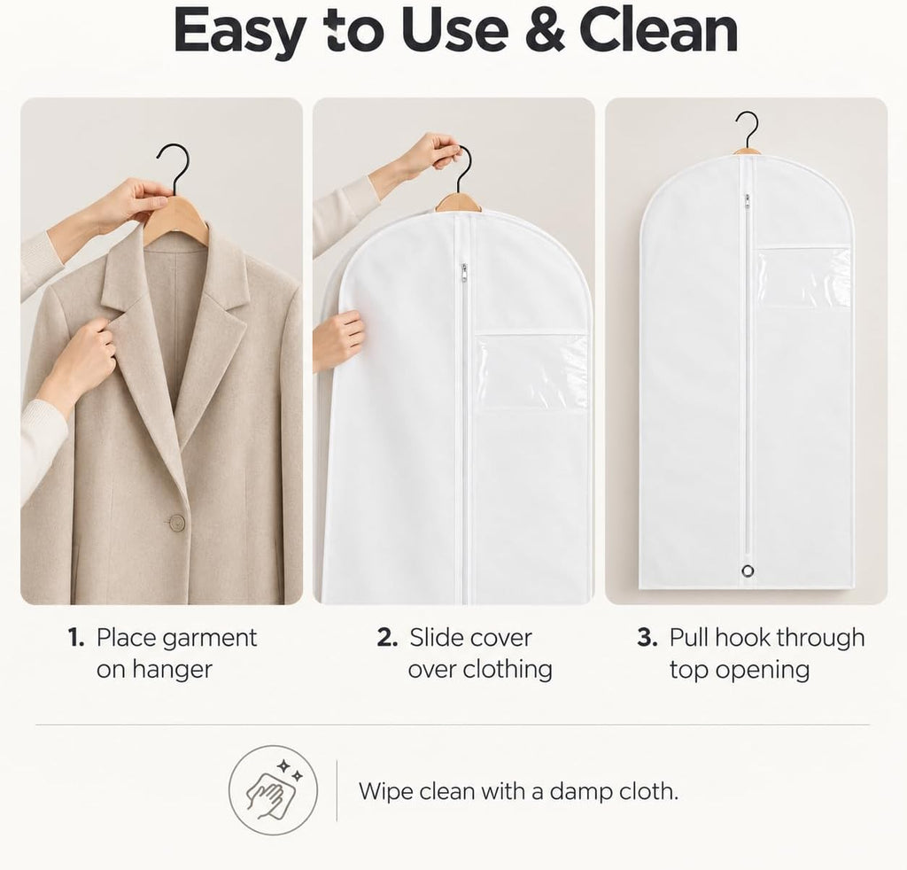 LPack 60" Garment Bag for Hanging Clothes, Dresses, Suits & Coats, Breathable Garment Cover for Closet Storage, White, 1 Pack