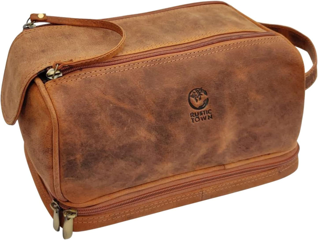 Leather Toiletry Bag for Men - Travel Shaving Dopp Kit - Bathroom Shower Toiletries Organizer - Cosmetic Make up Bag for Women