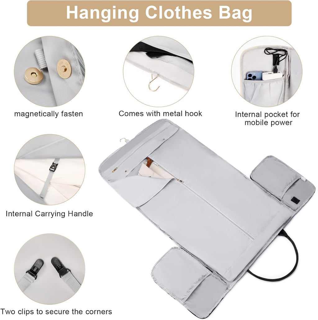 Scothen Convertible Travel Garment Bag,Carry On Garment Duffle Bag with Toiletry and Shoe bag,Garment Bags for Travel,2 in 1 Hanging Dress Suitcase Suit Travel Bags for Women with USB Charging Port