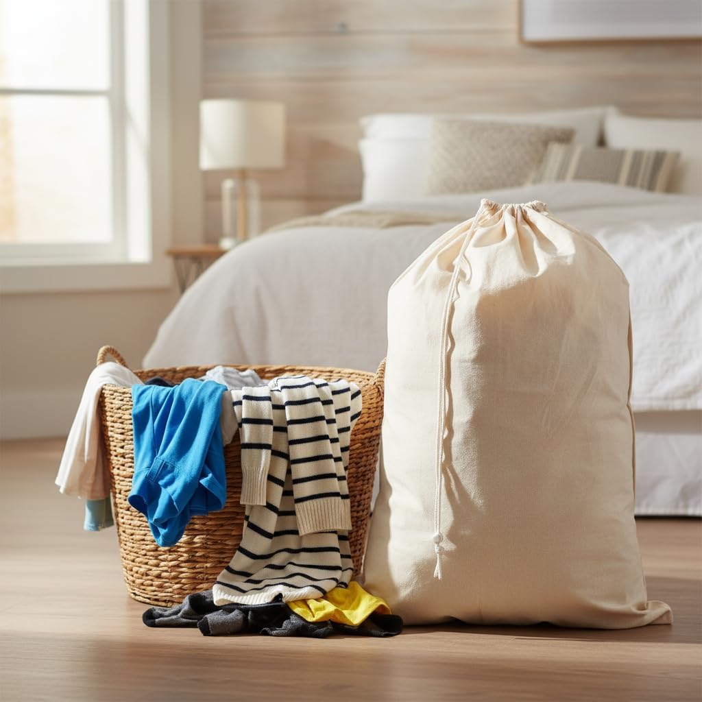 Simple Houseware Extra Large Natural Cotton Laundry Bag (28" x 36"), 2 Pack