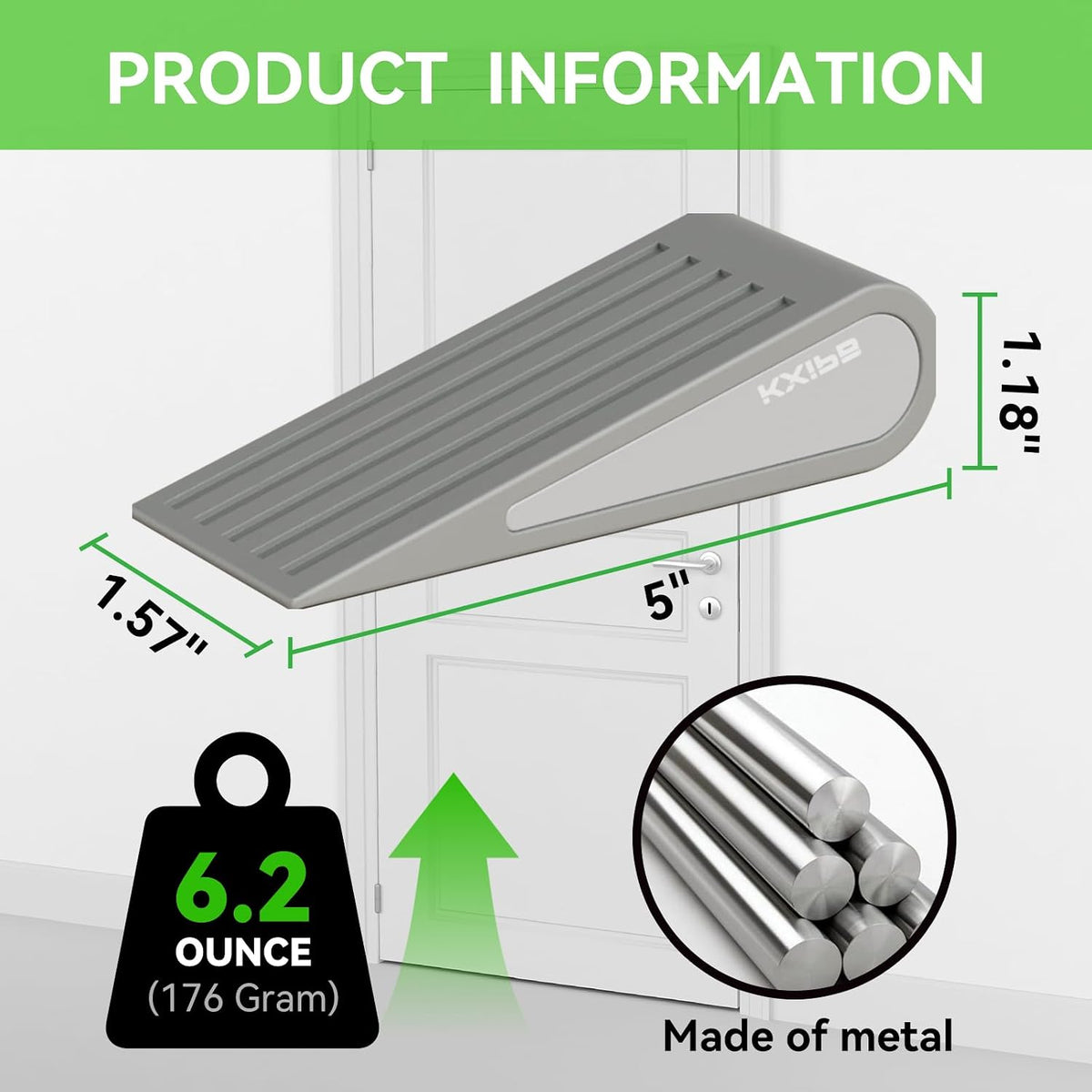 1 Pack Rubber Door Stopper Wedge - Grey Non-Slip Soft TPR High-Elastic & Zinc Alloy Metal Material Door Stops for Bottom of Heavy Duty Door Wall Protector for Home & School with Self Adhesive Holder